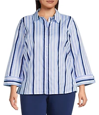 Investments Plus Size Rachel Vista Blue Awning Stripe Print 3/4 Sleeve Point Collar Button Front Shirt