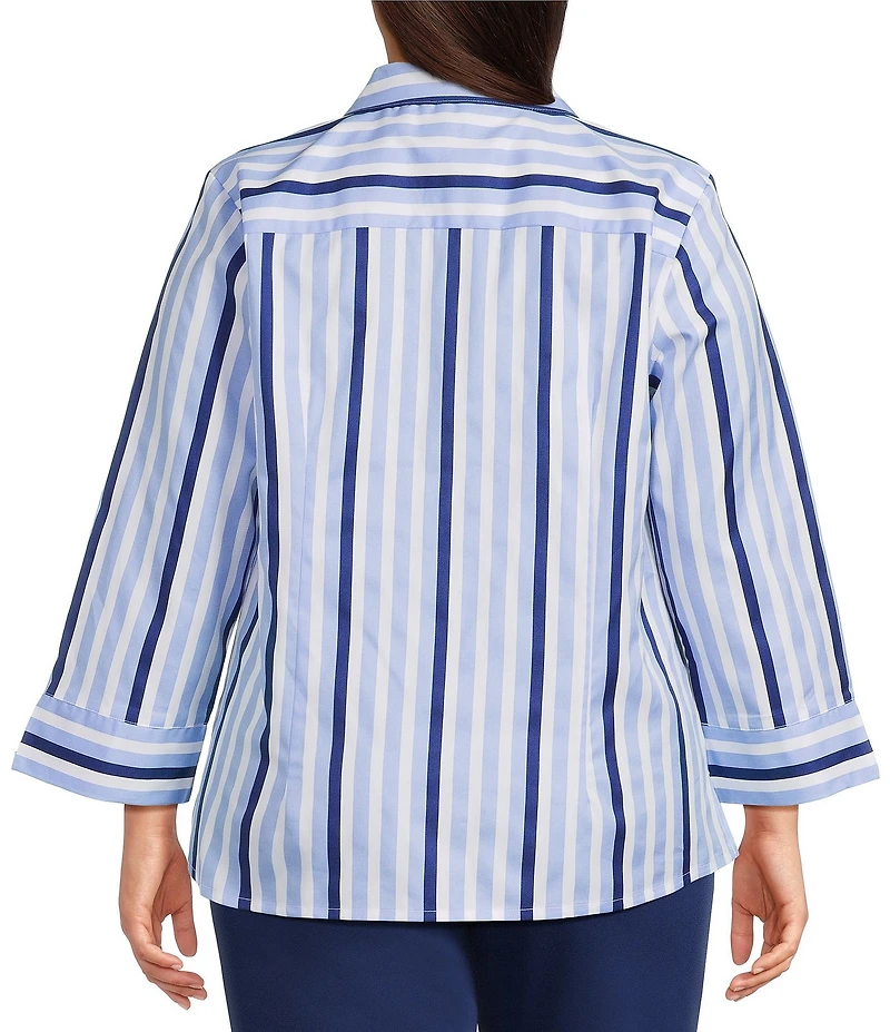 Investments Plus Size Rachel Vista Blue Awning Stripe Print 3/4 Sleeve Point Collar Button Front Shirt