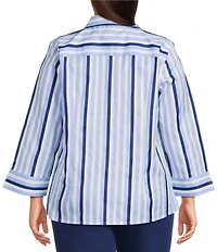 Investments Plus Size Rachel Vista Blue Awning Stripe Print 3/4 Sleeve Point Collar Button Front Shirt