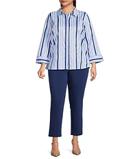 Investments Plus Size Rachel Vista Blue Awning Stripe Print 3/4 Sleeve Point Collar Button Front Shirt