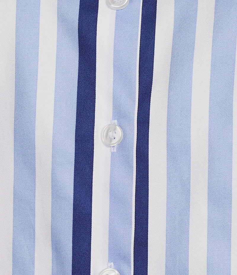 Investments Plus Size Rachel Vista Blue Awning Stripe Print 3/4 Sleeve Point Collar Button Front Shirt