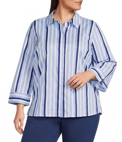 Investments Plus Size Rachel Vista Blue Awning Stripe Print 3/4 Sleeve Point Collar Button Front Shirt