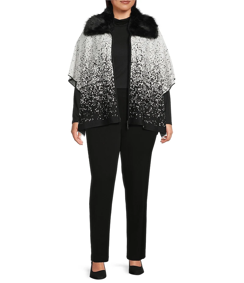Investments Plus Size Removeable Faux Fur Collar Two-Way Zip Front Salt Pepper Sweater Poncho