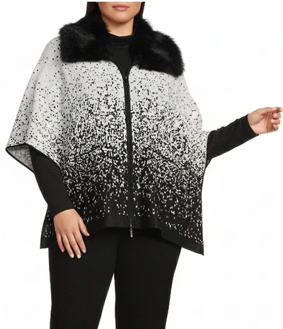 Investments Plus Size Removeable Faux Fur Collar Two-Way Zip Front Salt Pepper Sweater Poncho