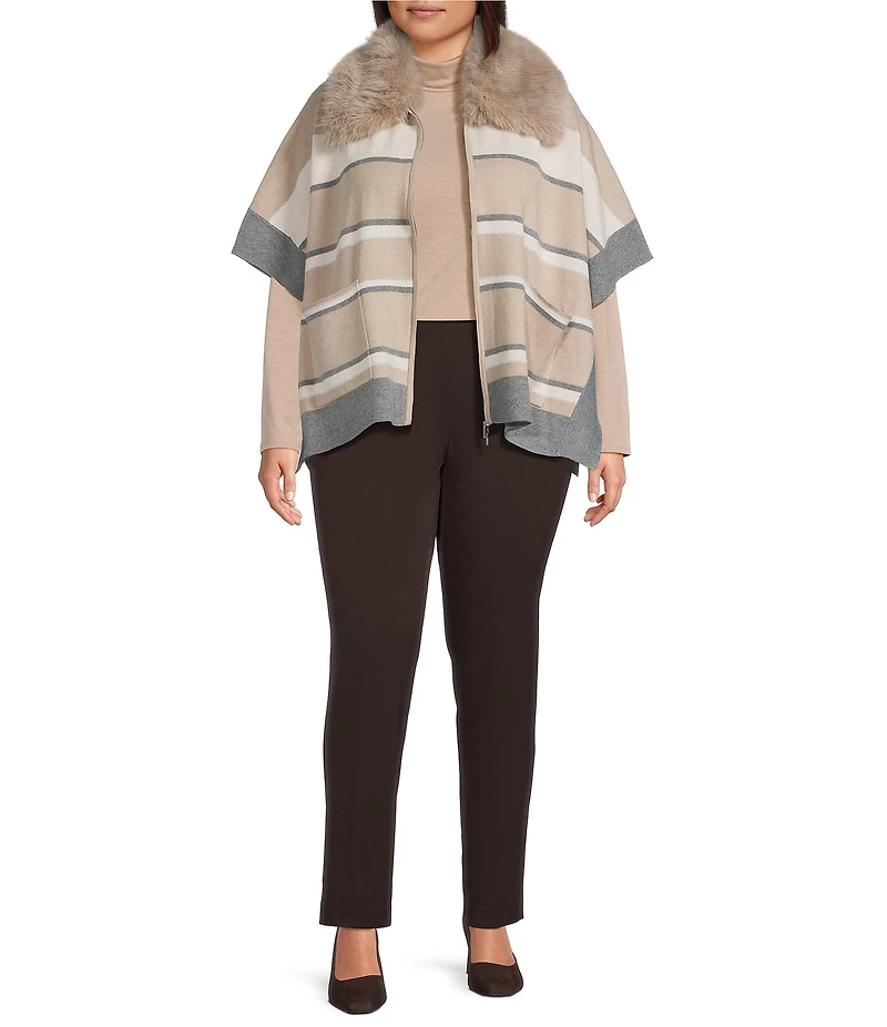 Investments Plus Size Removeable Faux Fur Collar Two-Way Zip Front Stripe Sweater Poncho