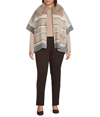 Investments Plus Size Removeable Faux Fur Collar Two-Way Zip Front Stripe Sweater Poncho