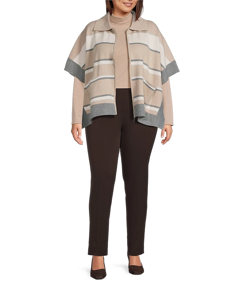 Investments Plus Size Removeable Faux Fur Collar Two-Way Zip Front Stripe Sweater Poncho