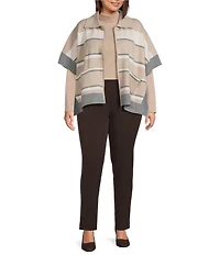 Investments Plus Size Removeable Faux Fur Collar Two-Way Zip Front Stripe Sweater Poncho