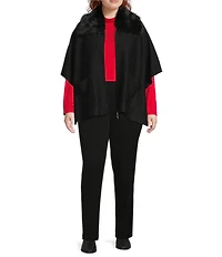 Investments Plus Size Removeable Faux Fur Collar Two-Way Zip Front Sweater Poncho