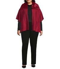 Investments Plus Size Removeable Faux Fur Collar Two-Way Zip Front Sweater Poncho