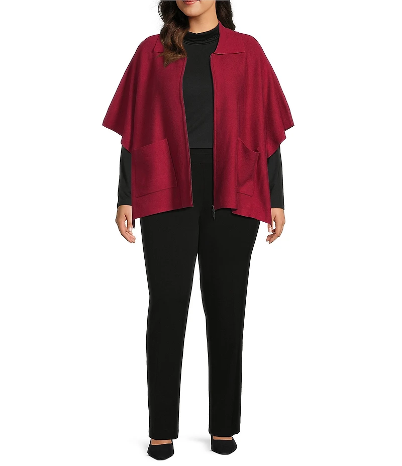 Investments Plus Size Removeable Faux Fur Collar Two-Way Zip Front Sweater Poncho