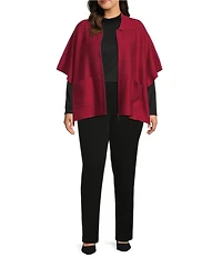 Investments Plus Size Removeable Faux Fur Collar Two-Way Zip Front Sweater Poncho