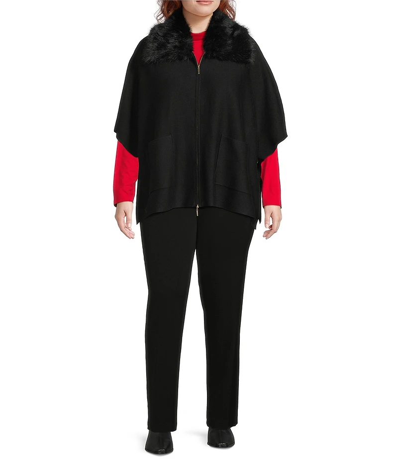Investments Plus Size Removeable Faux Fur Collar Two-Way Zip Front Sweater Poncho