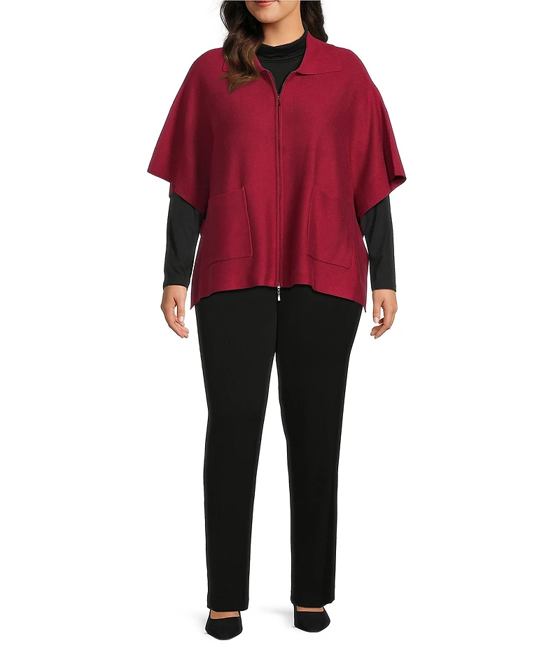 Investments Plus Size Removeable Faux Fur Collar Two-Way Zip Front Sweater Poncho