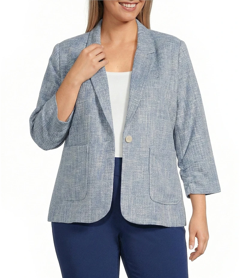 Investments Plus Size Scratch Pattern 3/4 Ruched Sleeve Notch Lapel Lined Button Front Blazer
