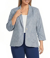 Investments Plus Size Scratch Pattern 3/4 Ruched Sleeve Notch Lapel Lined Button Front Blazer