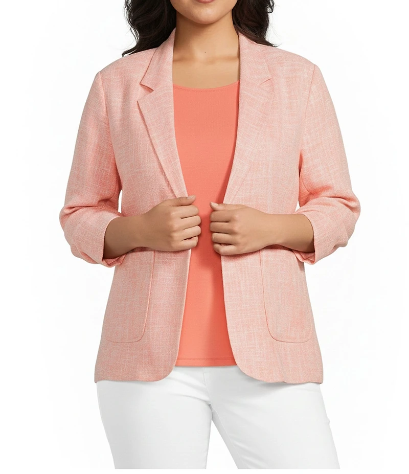Investments Plus Size Scratch Pattern 3/4 Ruched Sleeve Notch Lapel Lined Button Front Blazer