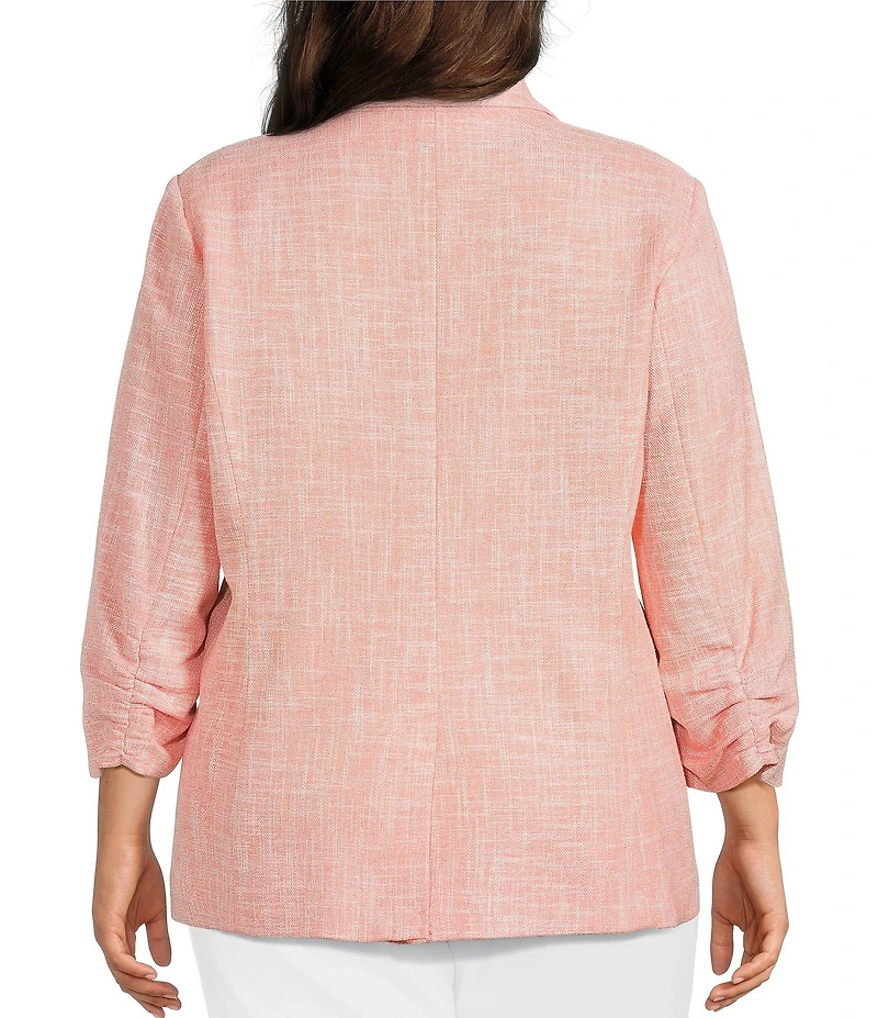 Investments Plus Size Scratch Pattern 3/4 Ruched Sleeve Notch Lapel Lined Button Front Blazer