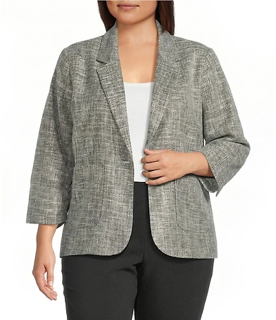 Investments Plus Size Scratch Pattern 3/4 Ruched Sleeve Notch Lapel Lined Button Front Blazer