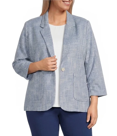 Investments Plus Size Scratch Pattern 3/4 Ruched Sleeve Notch Lapel Lined Button Front Blazer