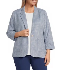 Investments Plus Size Scratch Pattern 3/4 Ruched Sleeve Notch Lapel Lined Button Front Blazer
