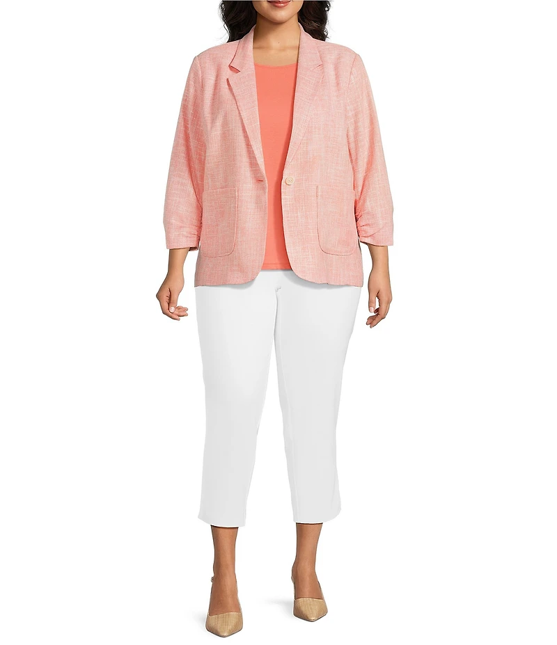 Investments Plus Size Scratch Pattern 3/4 Ruched Sleeve Notch Lapel Lined Button Front Blazer