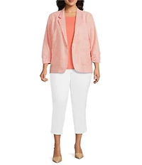 Investments Plus Size Scratch Pattern 3/4 Ruched Sleeve Notch Lapel Lined Button Front Blazer