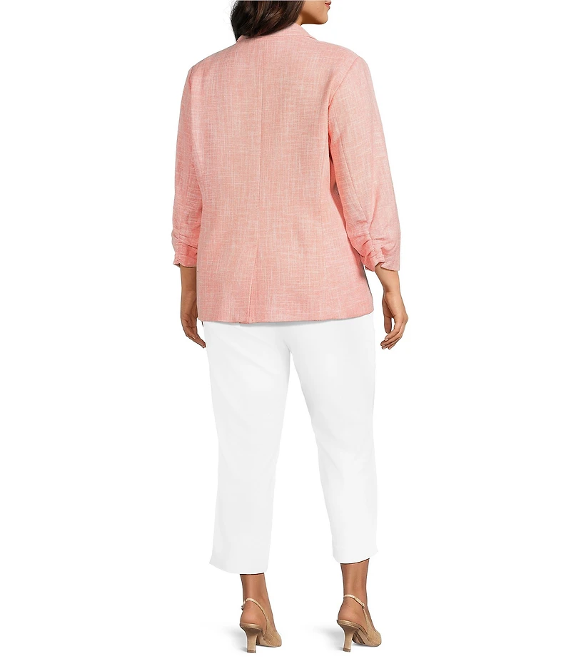 Investments Plus Size Scratch Pattern 3/4 Ruched Sleeve Notch Lapel Lined Button Front Blazer