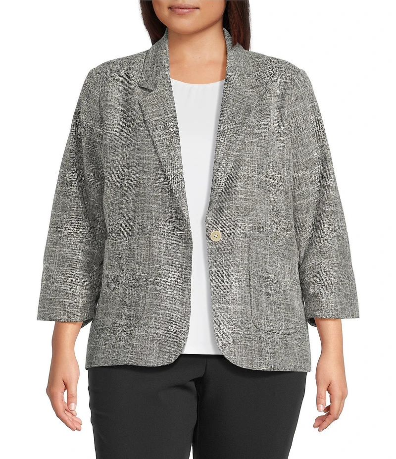 Investments Plus Size Scratch Pattern 3/4 Ruched Sleeve Notch Lapel Lined Button Front Blazer
