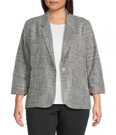 Investments Plus Size Scratch Pattern 3/4 Ruched Sleeve Notch Lapel Lined Button Front Blazer