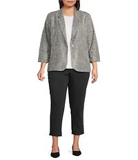 Investments Plus Size Scratch Pattern 3/4 Ruched Sleeve Notch Lapel Lined Button Front Blazer