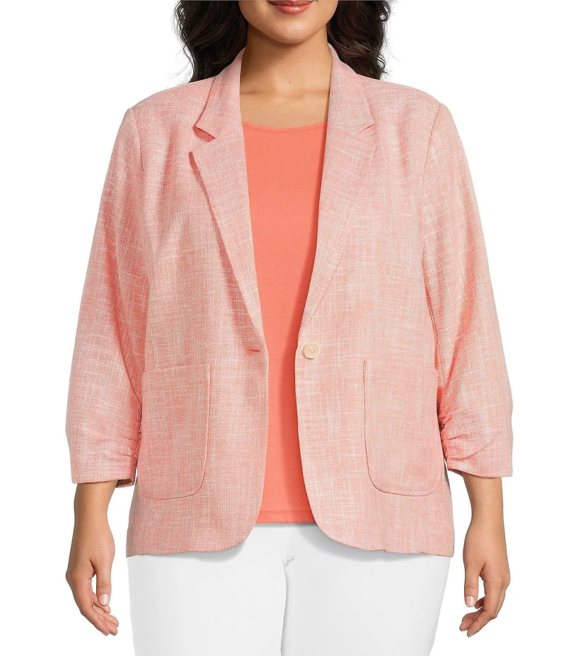 Investments Plus Size Scratch Pattern 3/4 Ruched Sleeve Notch Lapel Lined Button Front Blazer