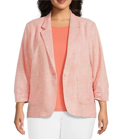 Investments Plus Size Scratch Pattern 3/4 Ruched Sleeve Notch Lapel Lined Button Front Blazer