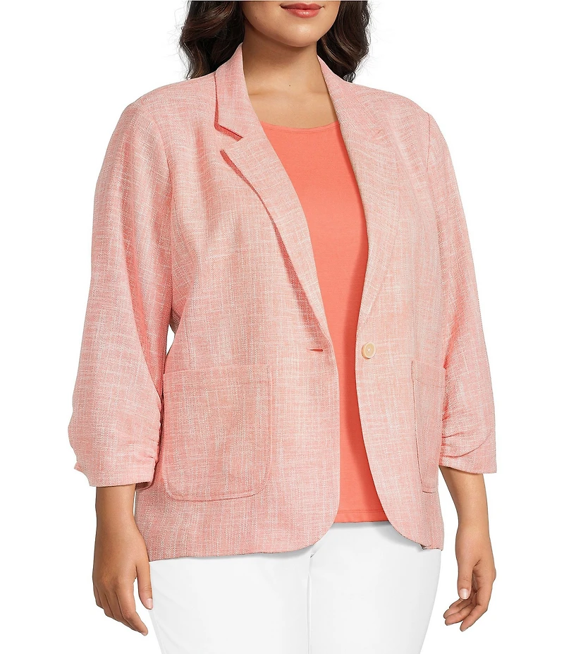 Investments Plus Size Scratch Pattern 3/4 Ruched Sleeve Notch Lapel Lined Button Front Blazer