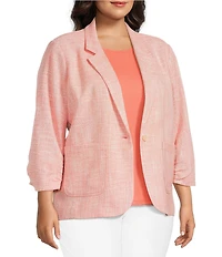 Investments Plus Size Scratch Pattern 3/4 Ruched Sleeve Notch Lapel Lined Button Front Blazer