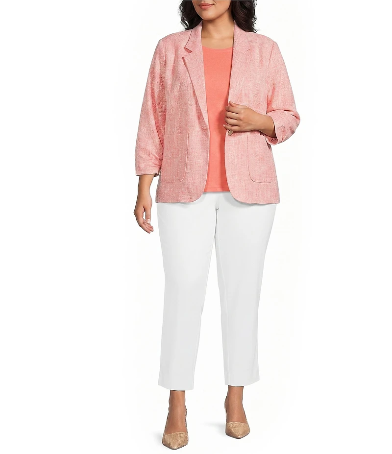 Investments Plus Size Scratch Pattern 3/4 Ruched Sleeve Notch Lapel Lined Button Front Blazer