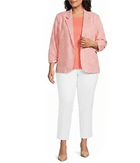 Investments Plus Size Scratch Pattern 3/4 Ruched Sleeve Notch Lapel Lined Button Front Blazer