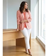 Investments Plus Size Scratch Pattern 3/4 Ruched Sleeve Notch Lapel Lined Button Front Blazer