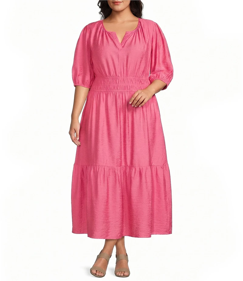 Investments Plus Size Short Cuff Sleeve Split Round Neck Maxi Crinkle Dress