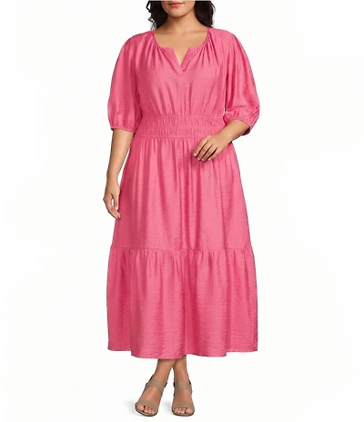 Investments Plus Size Short Cuff Sleeve Split Round Neck Maxi Crinkle Dress
