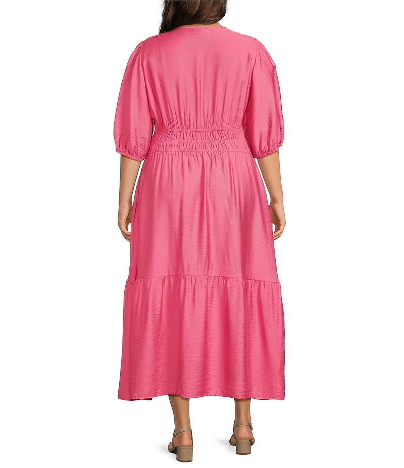 Investments Plus Size Short Cuff Sleeve Split Round Neck Maxi Crinkle Dress