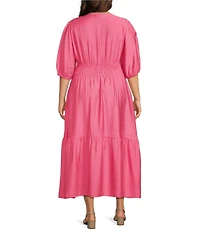 Investments Plus Size Short Cuff Sleeve Split Round Neck Maxi Crinkle Dress