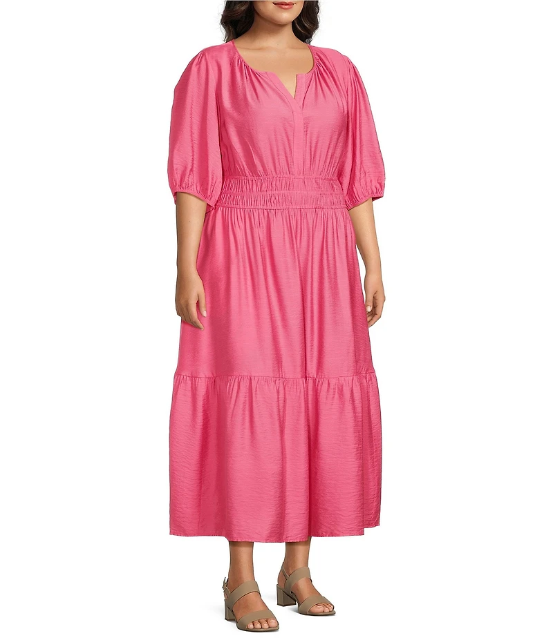 Investments Plus Size Short Cuff Sleeve Split Round Neck Maxi Crinkle Dress