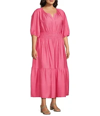Investments Plus Size Short Cuff Sleeve Split Round Neck Maxi Crinkle Dress