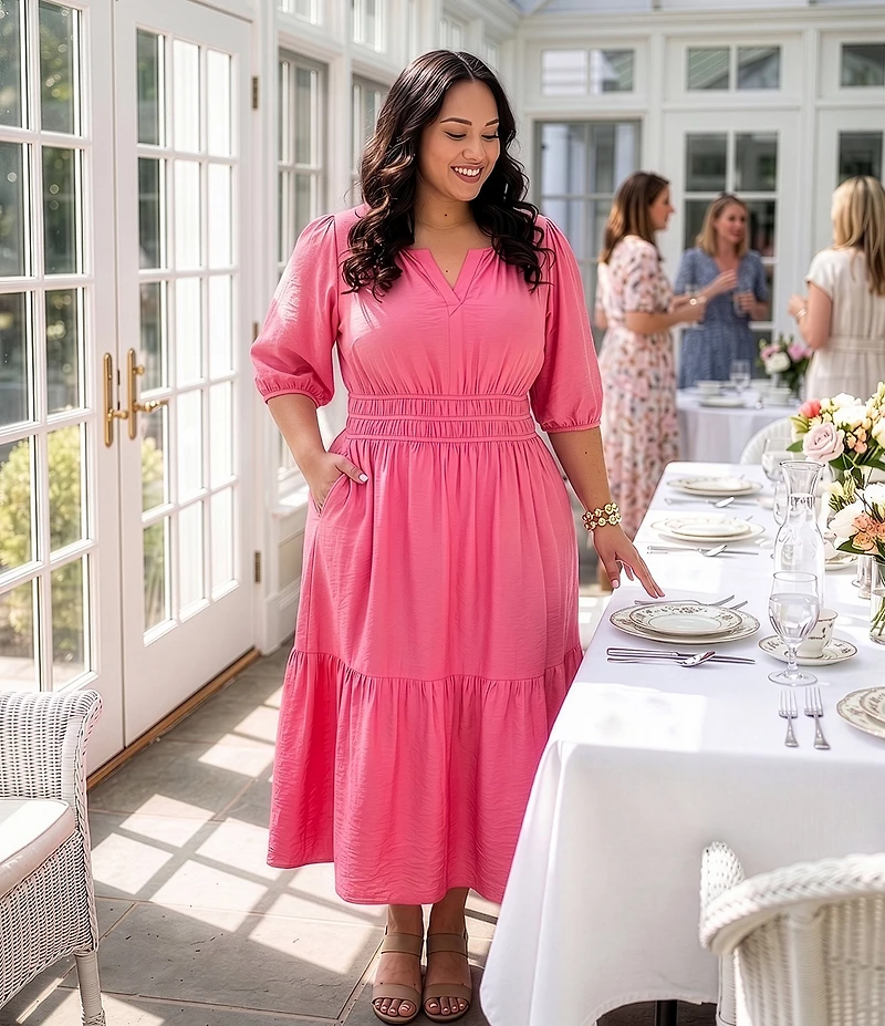 Investments Plus Size Cuff Sleeve Split Round Neck Midi Crinkle Dress
