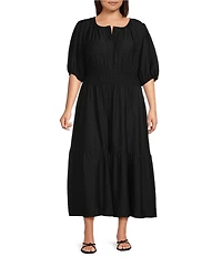 Investments Plus Size Cuff Sleeve Split Round Neck Midi Crinkle Dress