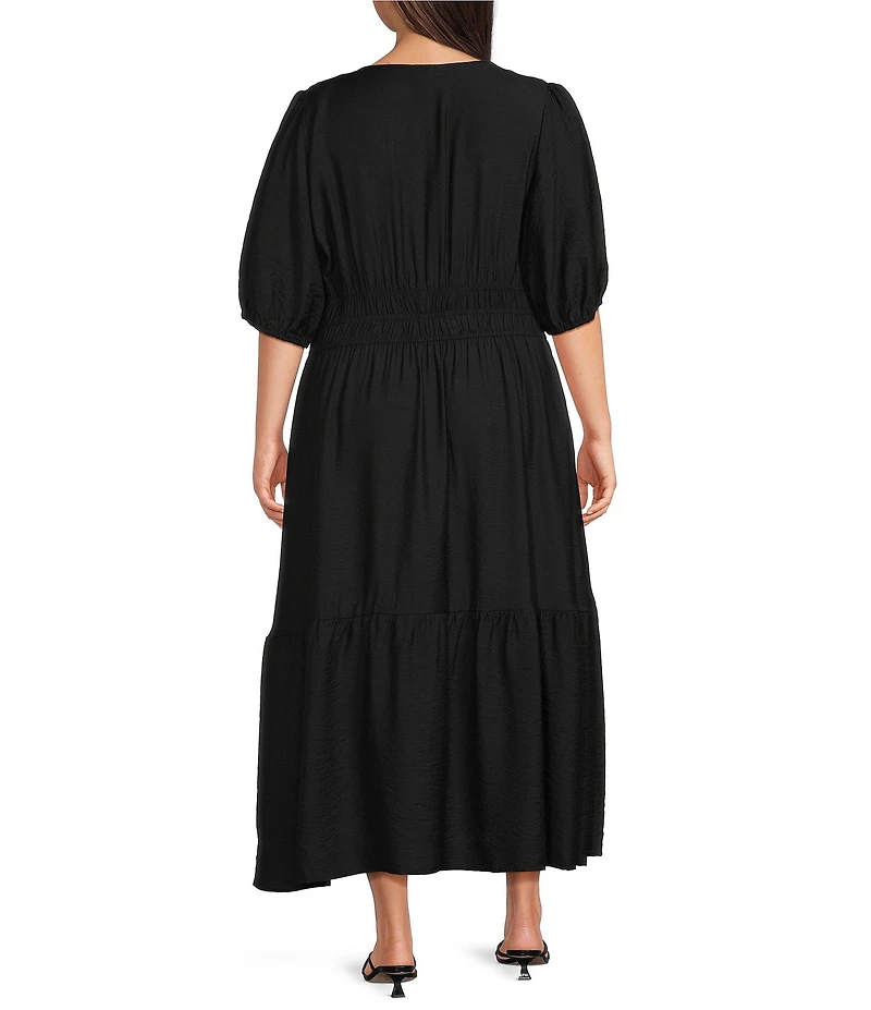 Investments Plus Size Cuff Sleeve Split Round Neck Midi Crinkle Dress