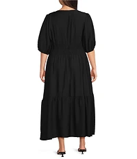Investments Plus Size Cuff Sleeve Split Round Neck Midi Crinkle Dress