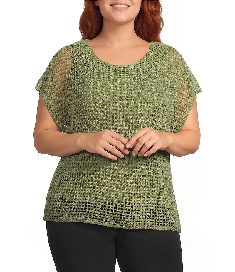 Investments Plus Size Short Sleeve Crew Neck Open Stitch Top
