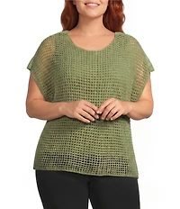 Investments Plus Size Short Sleeve Crew Neck Open Stitch Top